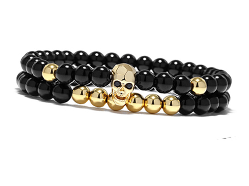 Metal Skull Bracelet with Black Onyx Bead Bracelet Set