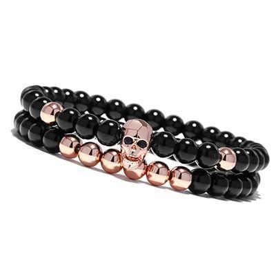 Metal Skull Bracelet with Black Onyx Bead Bracelet Set