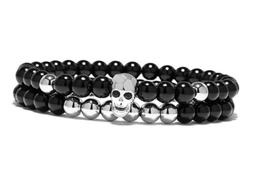 Metal Skull Bracelet with Black Onyx Bead Bracelet Set